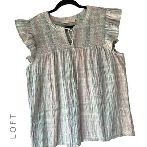 LOFT PLAID SMOCKED RUFFLE TIE NECK TOP | SIZE: LARGE